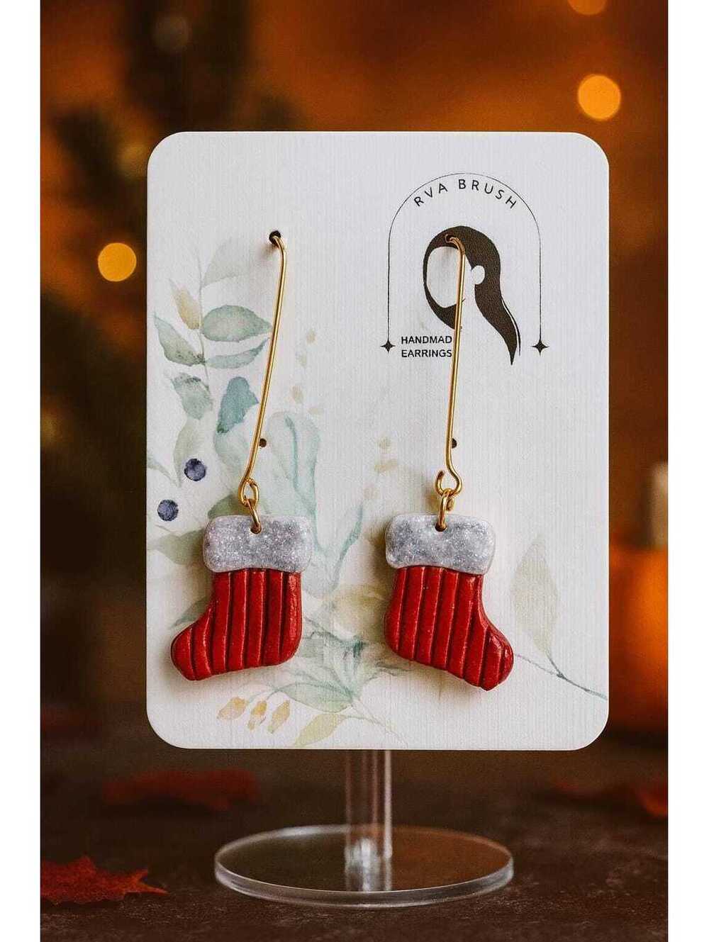 Handmade Christmas Stocking Earrings Red Polymer Clay with Glitter Silver Cuff